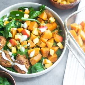 sweet potatoes with peach salsa and falafel